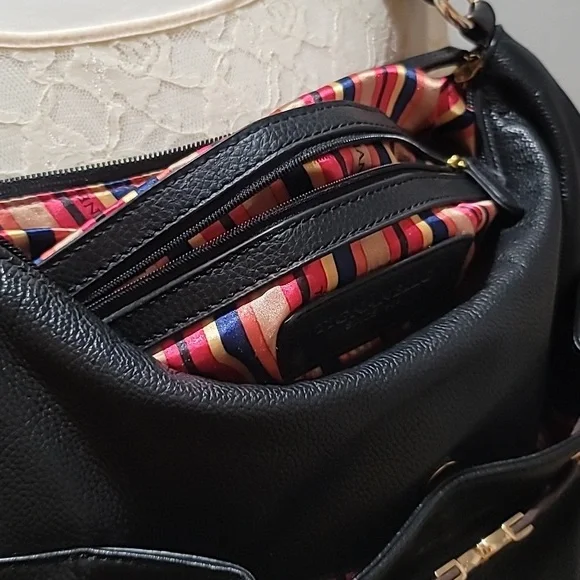 Tignanello Black Leather Bikercore Bohemian Hobo Shoulder Bag Satchel PurseTote - Picture 16 of 16